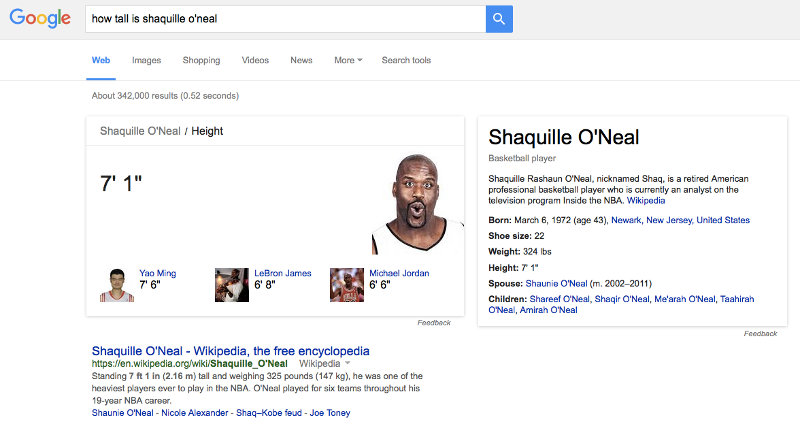 How tall is Shaquille O'Neal - Google search query