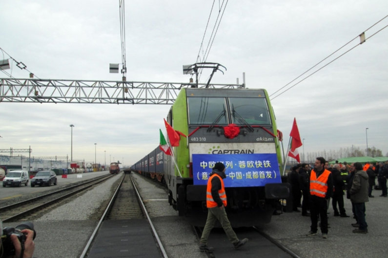 Freight train departing from Mortara, Italy to Chengdu, China
